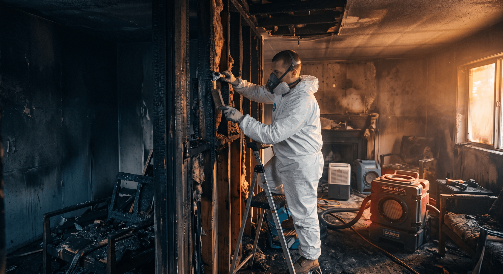 Technician cleaning wet soot residue after a Plano kitchen fire