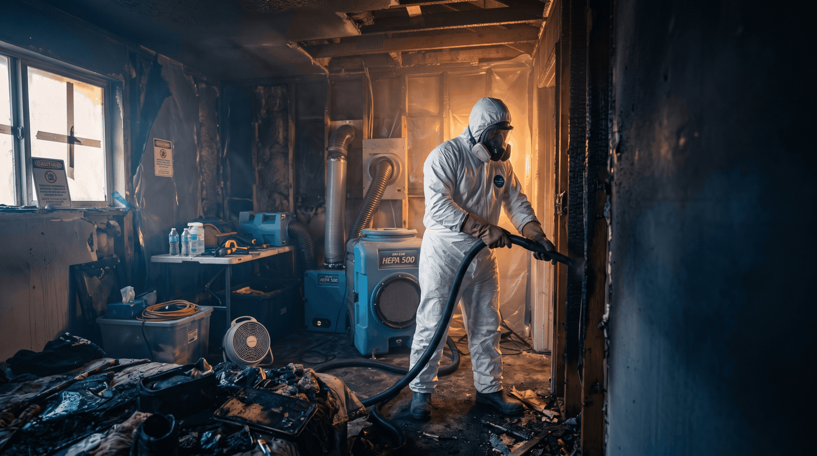 Plano fire damage restoration crew performing emergency board-up after a house fire in Plano TX